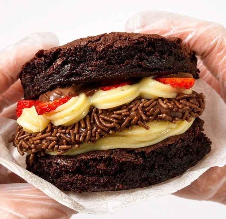 Brownie recheado com brigadeiro, creme e morangos